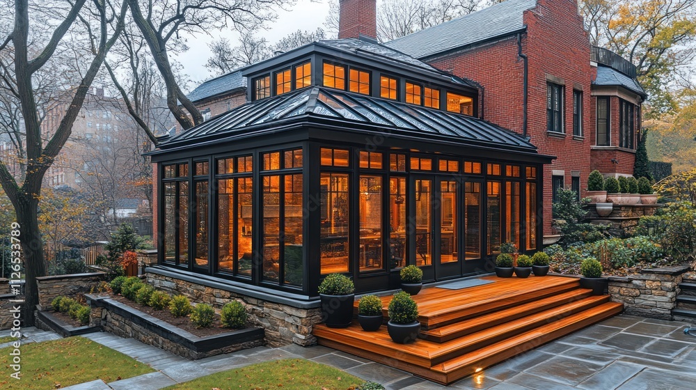 Modern black sunroom addition to brick house with wooden deck and ...