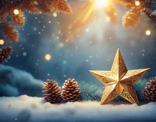 enchanting winter scene with golden star and snowy pinecones perfect for holiday greetings and decorations