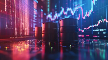 Poster - Oil barrels and stock market graph reflecting fuel price trends and oil market volatility.