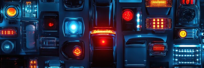 Aufkleber - Colorful assortment of LED car headlights and tail lights is beautifully arranged for a striking visual display that includes ample copy space. Generative AI