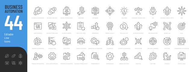 business automation line editable icons set. vector illustration in modern thin line style of techno