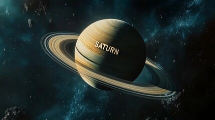 Wall Mural - planet Saturn in the solar system. The inscription 