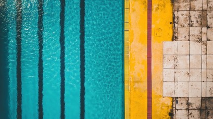 Aufkleber - A colorful swimming pool shows distinct lanes lined up, complemented by a sunny yellow deck, perfect for leisure and exercise. Generative AI