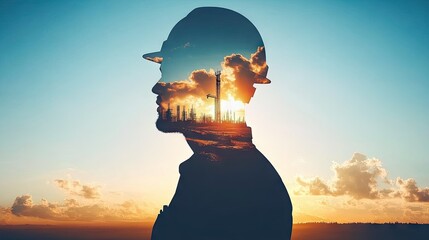 Poster - Double exposure of construction workers and advanced 3D models of upcoming architectural projects.