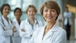 © Sanych - Experienced mature female chief physician head doctor of clinic department pose for group portrait with diverse multicultural staff. Trusted professional medical team with senior leader look at camera