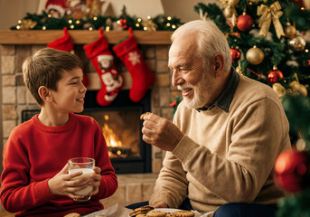 Wall Mural - Grandfather and grandson put cookies and milk under the tree. Christmas family traditions, coziness and anticipation of the holiday