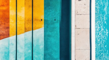 Aufkleber - A top-down view shows a colorful swimming pool with multiple lanes and clear water, inviting for recreational activities and relaxation. Generative AI
