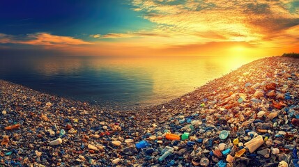 Wall Mural - The contrast between the ocean's natural beauty and human-made plastic debris, captured under a glowing sunset sky.