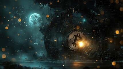 Poster - The digital economy's fragility depicted through a burning coin amidst warning signs and stock chart crashes.