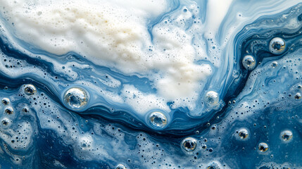 Poster - Colorful blue and white abstract swirl with bubbles creating a mesmerizing visual effect