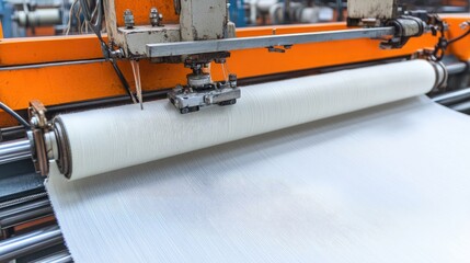 Poster - Workers using tools to check the quality of fabric rolls in a modern textile production environment.