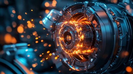 Poster - Futuristic electric motor with glowing elements and sparks, symbolizing innovation and power in the electric motor market.
