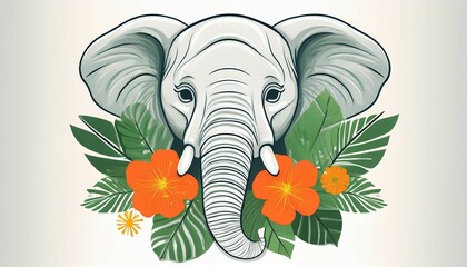 Canvas Print - simple illustration of a white elephant adorned with orange flowers and green tropical leaves on a white background perfect for animal themed decor and cards