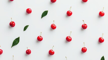 Wall Mural - Fresh red cherries arranged artistically on white background food nature aesthetic view