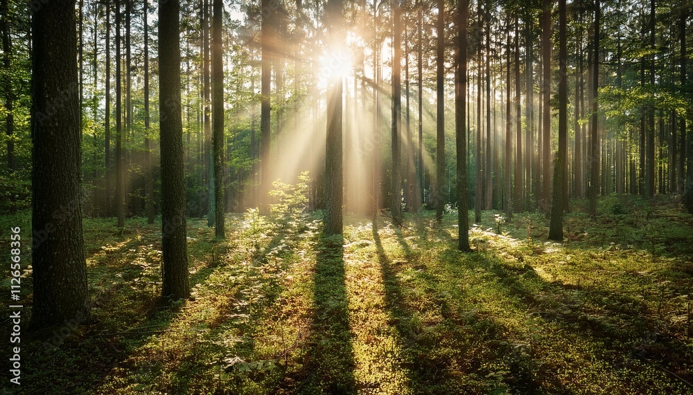Tree Shine vintage lens flare light effect shining through trees in forest shine ...