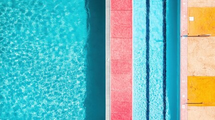 Aufkleber - Top-down view of a colorful swimming pool featuring distinct lanes perfect for swimming practice and relaxation during the day. Generative AI