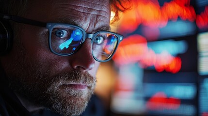 Poster - Focused trader with glasses deeply analyzes fluctuating stock charts on multiple screens, surrounded by colorful data in a fast-paced trading room at dusk, capturing intense concentration