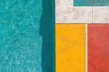 Aufkleber - Bright turquoise water fills the swimming pool's lanes while the sun reflects off the vibrant colored edges, creating a welcoming atmosphere. Generative AI