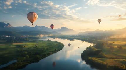 Wall Mural - A calm river snaking through a serene valley with hot air balloons drifting in the sky