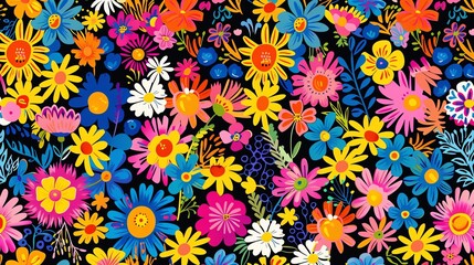 Canvas Print - a bright and colorful floral pattern on a black background.