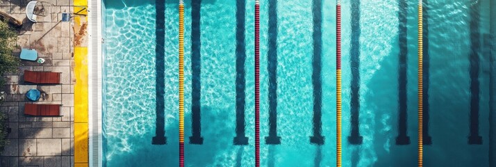 Aufkleber - Top-down view of a colorful swimming pool displaying lanes for swimmers, surrounded by clear water, perfect for recreational activities. Generative AI