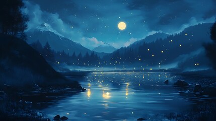 Wall Mural - A moonlit river flowing through an open valley, with silhouettes of distant mountains and twinkling fireflies dancing above the water