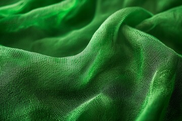 Close-up of green mesh fabric, with waves and folds, against a vibrant green background. 