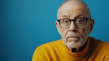 Wall Mural - Let Me Think. Portrait of pensive senior man in glasses looking at camera isolated over blue studio wall, free space