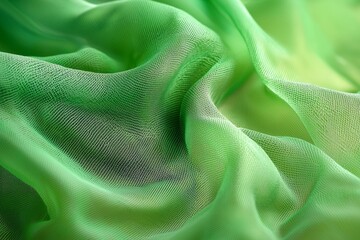 Close-up of green mesh fabric, with waves and folds, against a vibrant green background. 