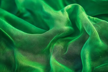 Close-up of green mesh fabric, with waves and folds, against a vibrant green background. 