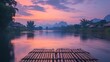 © Khalid - A scenic river framed by ancient pagodas and bamboo rafts under a soft pink and purple sunset sky
