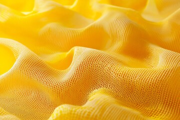 Close-up of yellow mesh fabric, with waves and folds, against a vibrant yellow background. 