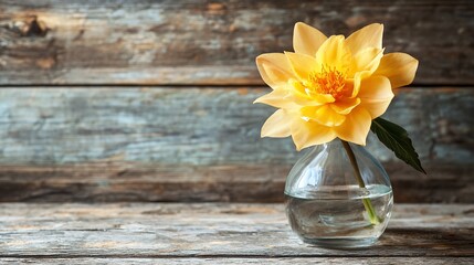 Canvas Print - Single yellow dahlia in a glass vase on rustic wood.