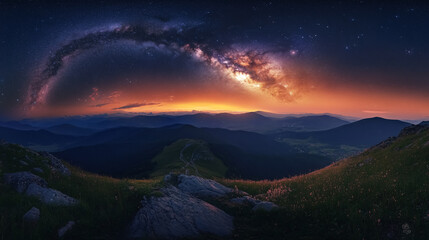 Wall Mural - nighttime photography in the ukrainian carpathian mountains, showcasing a bright starry sky and the 