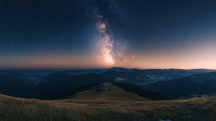 Wall Mural - nighttime photography in the ukrainian carpathian mountains, showcasing a bright starry sky and the 