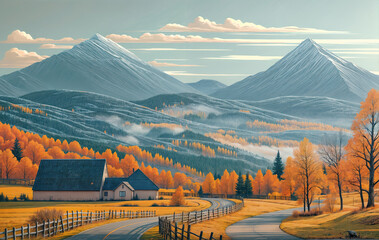 Wall Mural - a serene autumn landscape with a house nestled among rolling hills covered in golden and green foliage, a winding road, and towering mountains in the background. The scene is bathed 