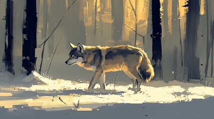 Wall Mural - lone wolf walking in snowy forest at sunset.