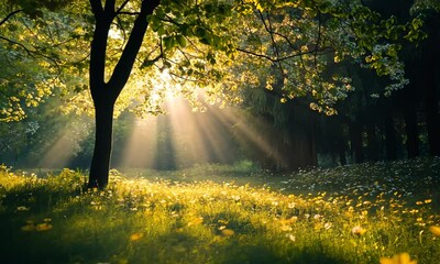 Wall Mural - sunlight filters through trees in a serene meadow.