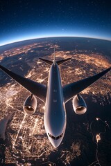 Wall Mural - An airplane flying over the Earth at night, with lights and city glow below