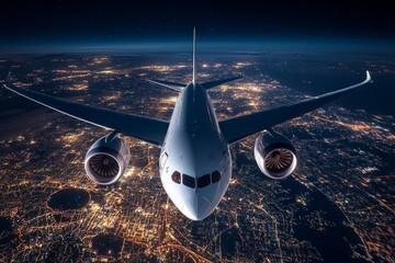 Wall Mural - An airplane flying over the Earth at night, with lights and city glow below