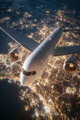Wall Mural - An airplane flying over the Earth at night, with lights and city glow below