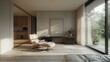 © Andrey - This serene interior features a minimalist design with a sleek chair, modern desk, and large windows allowing natural light. Aesthetic and functional with a neutral palette.