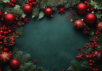 Wall Mural - Christmas background with empty space in the center, decorated with red and green decorations, gifts, stars, and pine branches on a dark green background.