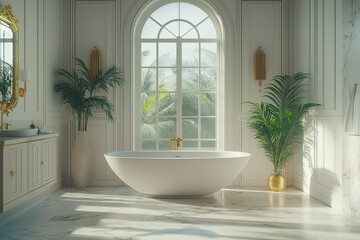 Wall Mural - A bright bathroom with white marble tiles, a freestanding bathtub in the center of the room, and glass walls on one side.