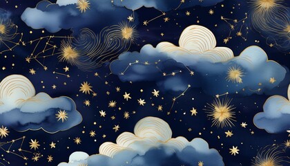 Wall Mural - seamless celestial night sky pattern with delicate gold foil stars and clouds in watercolor textures featuring constellations on a dark blue background