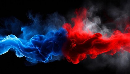 Poster - Stunning Abstract Blue and Red Smoke Effect on Black Background: Neon Flame Cloud with Dust Particles for a Captivating Visual Experience