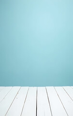 Poster - A beautiful white wooden tabletop stands out against a serene blue background creating a visually appealing contrast._00001_