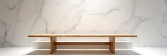 Poster - A beautiful wood table sits atop a white abstract background in this display at a large department store._00002_