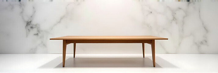 Poster - A beautiful wood table sits atop a white abstract background in this display at a large department store._00001_