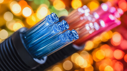 Poster - A bunch of blue and red wires are shown in a blurry background
